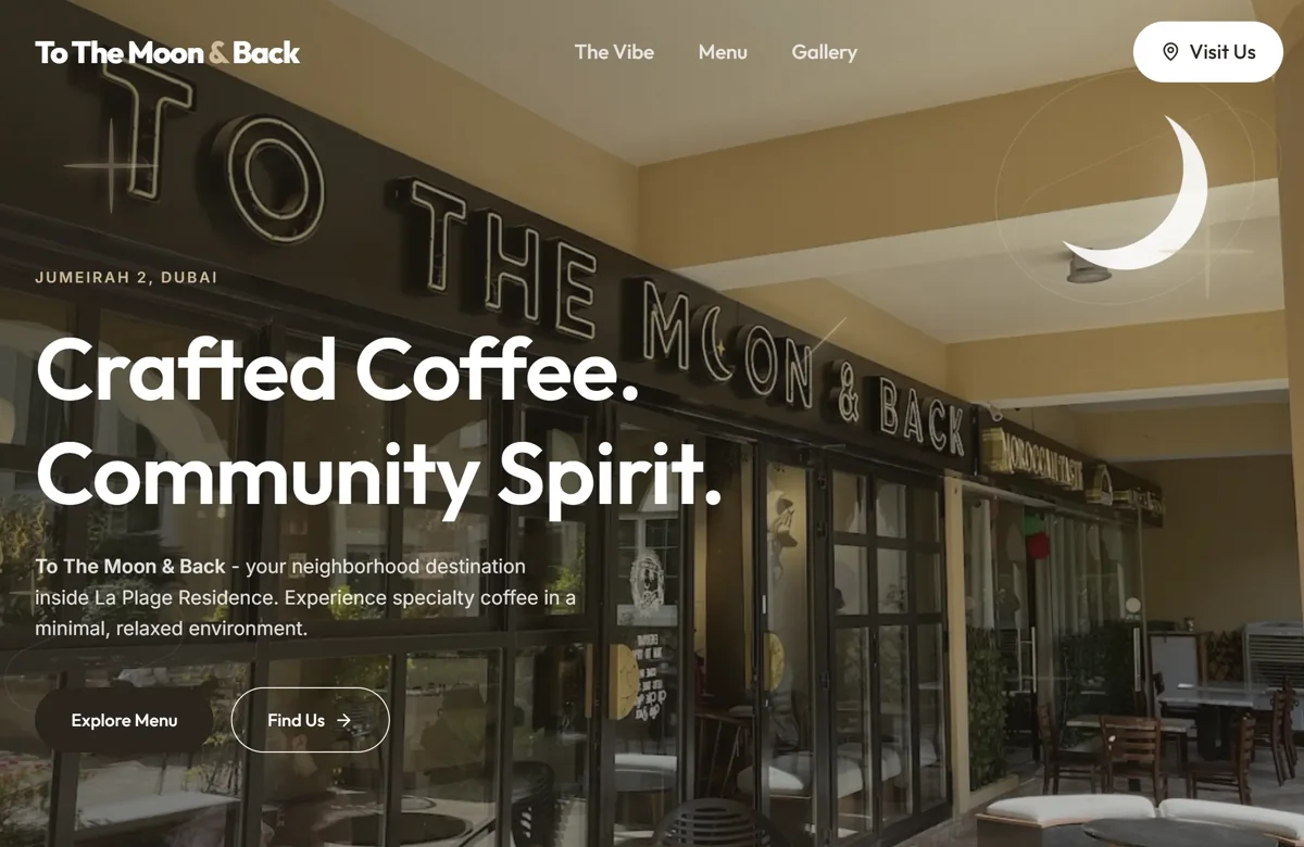 To The Moon & Back café homepage, designed and built by WeByte